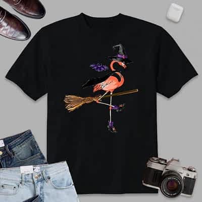 Womens Funny Flamingo Witch Easy Halloween Costume Gift T-Shirt