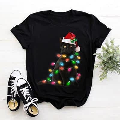 Black Cat Christmas Light T-Shirt Funny Cat Lover Happy Christmas