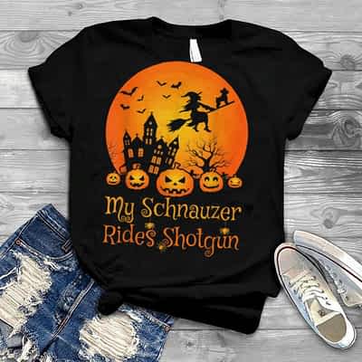 My Schnauzer Rides Shotgun Pumpkin Witch Halloween T Shirt