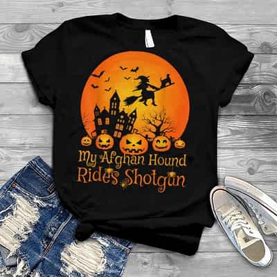 My Afghan Hound Rides Shotgun Witch Pumpkin Halloween T Shirt