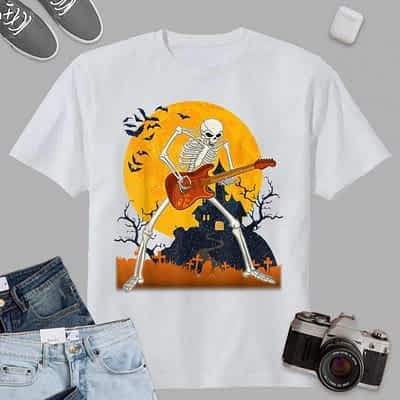 Skeleton Playing Guitar Electric Acoustic Halloween Costume T-Shirt