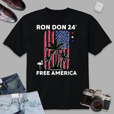 Womens Trump DeSantis 2024 Ron Don 24′ American Flag Flamingo Stars T-Shirt