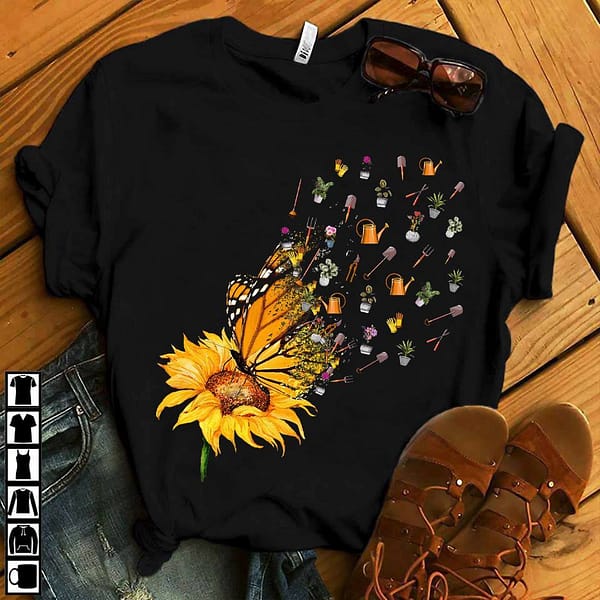garden shirt sunflower butterfly gardening tools fly