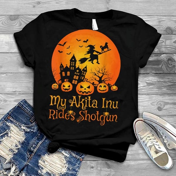 my akita inu rides shotgun witch pumpkin halloween t shirt0