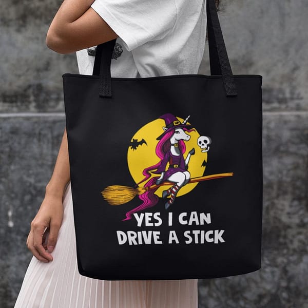 yes i can drive a stick unicorn witch halloween tote bag
