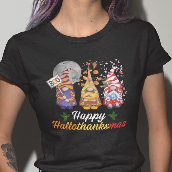 happy hallothanksmas gnome shirt happy halloween thanksgiving christmas