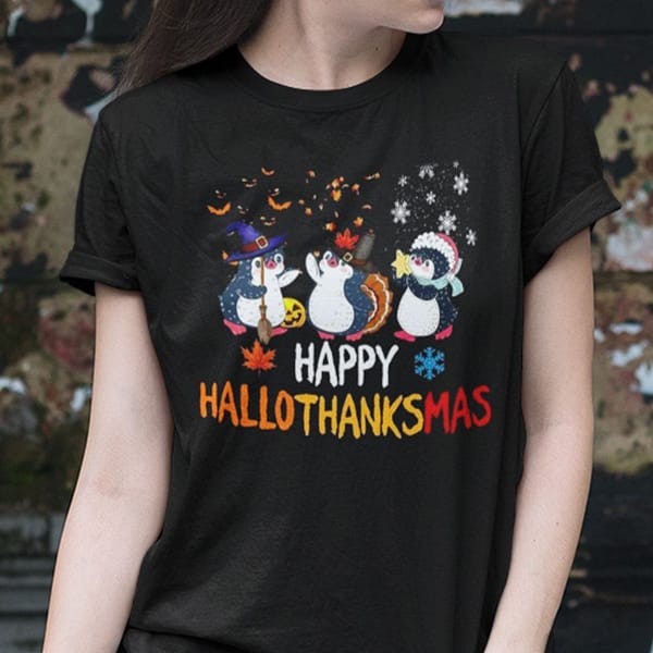 happy hallothanksmas penguin shirt happy halloween thanksgiving christmas