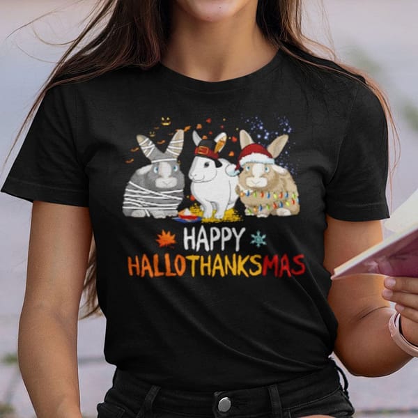 happy hallothanksmas rabbit shirt happy halloween thanksgiving christmas