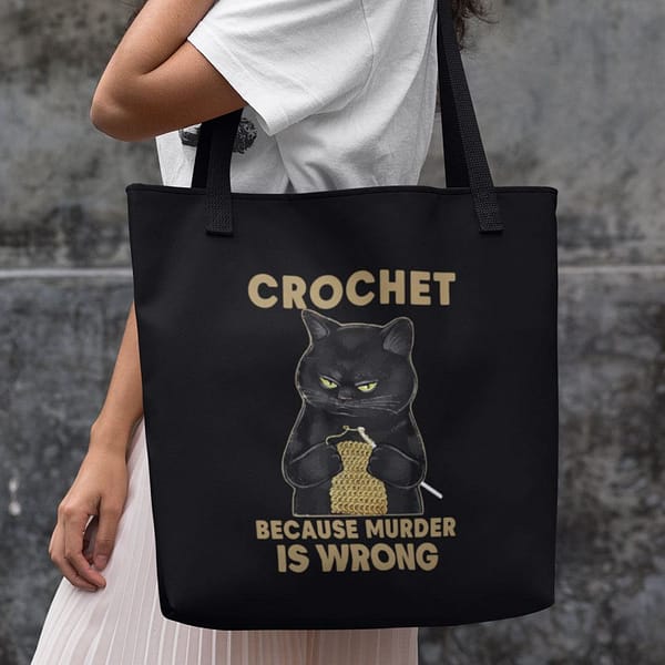 crochet because murder is wrong crochet black cat tote bag