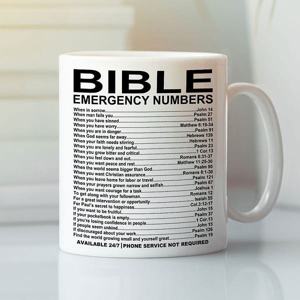 bible emergency numbers mug when in sorrow john 14