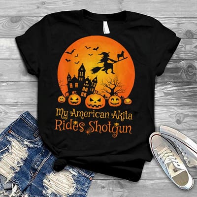 My American Akita Rides Shotgun Witch Pumpkin Halloween T Shirt