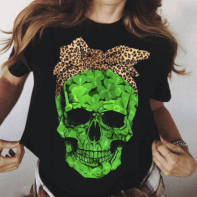 Skull 4 Leaf Clover Leopard Bandana Shirt St Patrick's Day