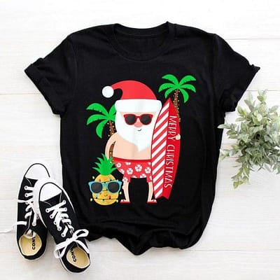Christmas In July Party Costume Clothing Santa Surfing T-Shirt