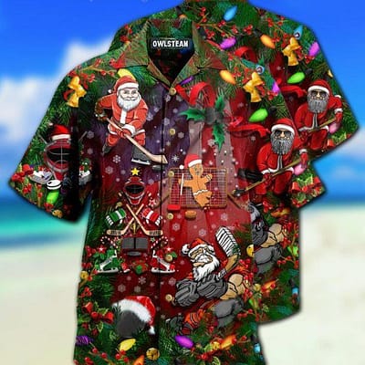 Come On Pla Hockey With Santa Claus And Reindeer Hawaiian Shirt