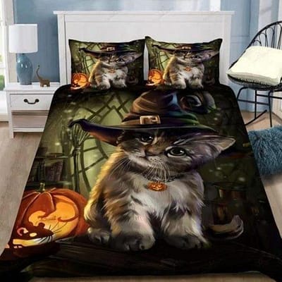Cute Cat Witch Pointed Hat Halloween Bedding Set