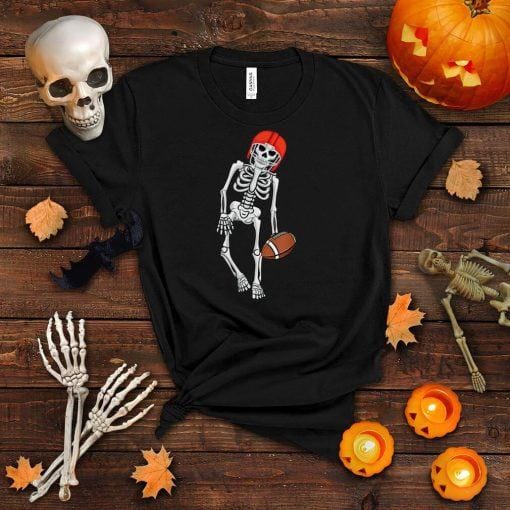 Skeleton Playing Football Lazy Halloween Costume Funny Sport T Shirt