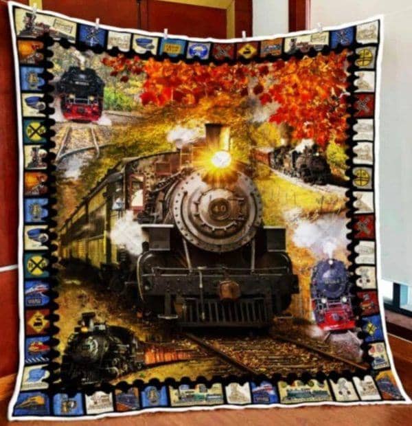Steam Railroad Trains Quilt Blanket